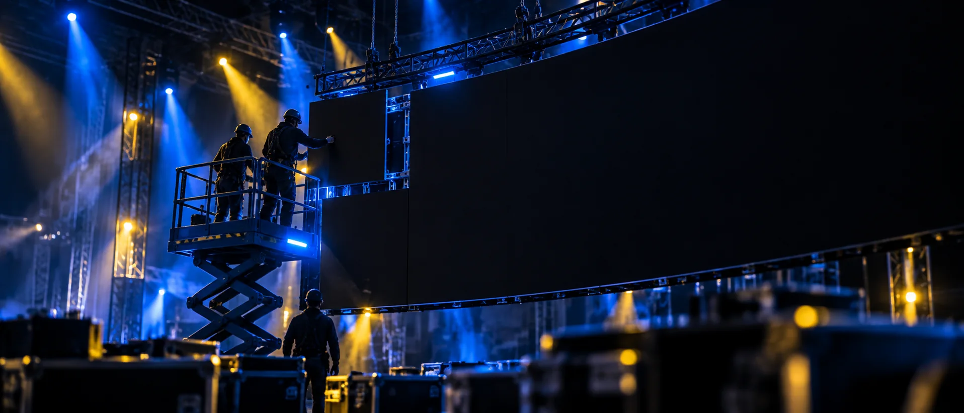 BrightPipe technicians installing a curved LED wall
