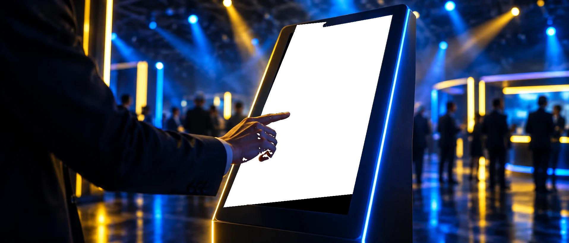 Attendee touching an interactive kiosk